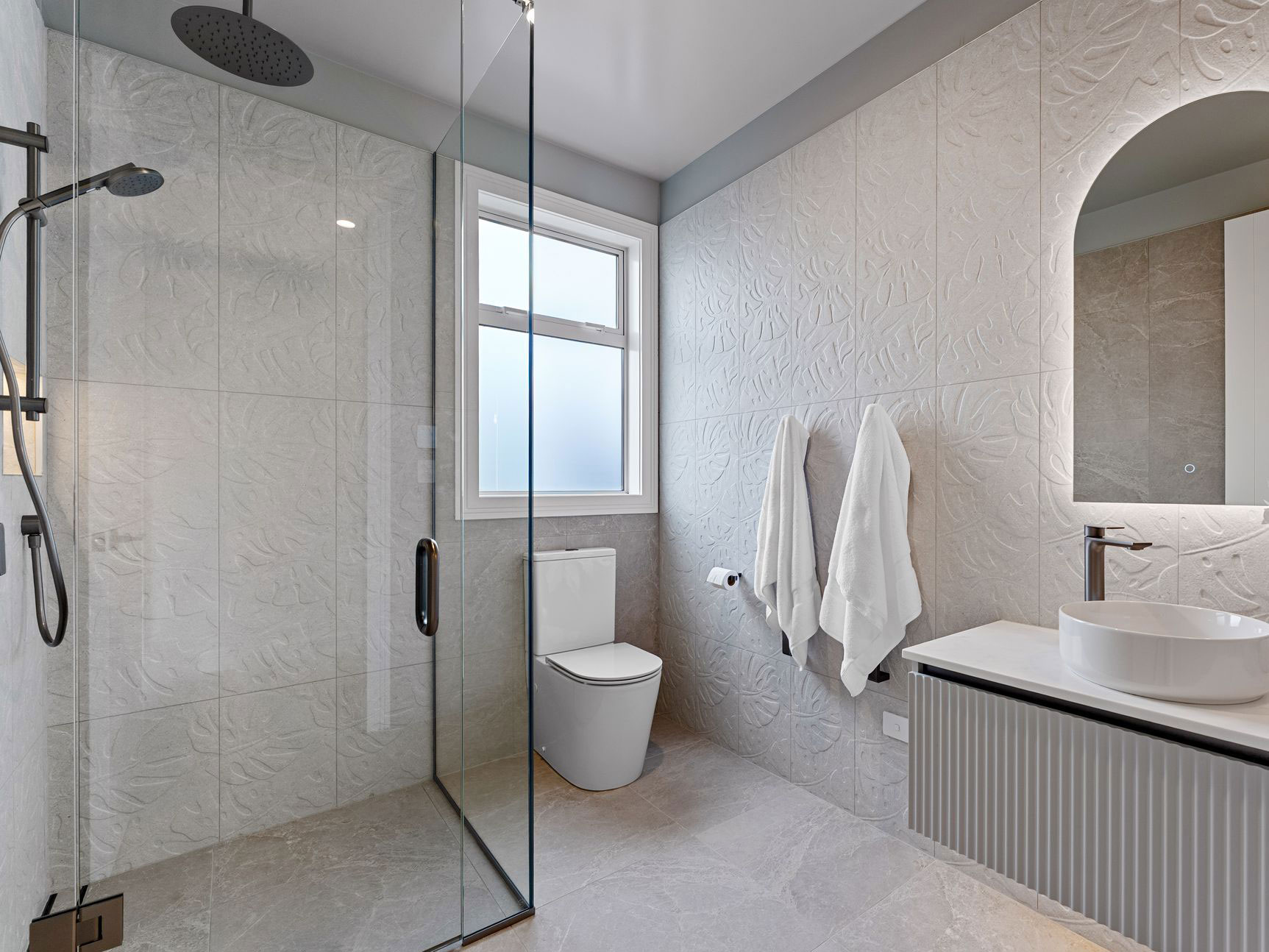 A showroom bathroom that has been airsealed with AeroBarrier